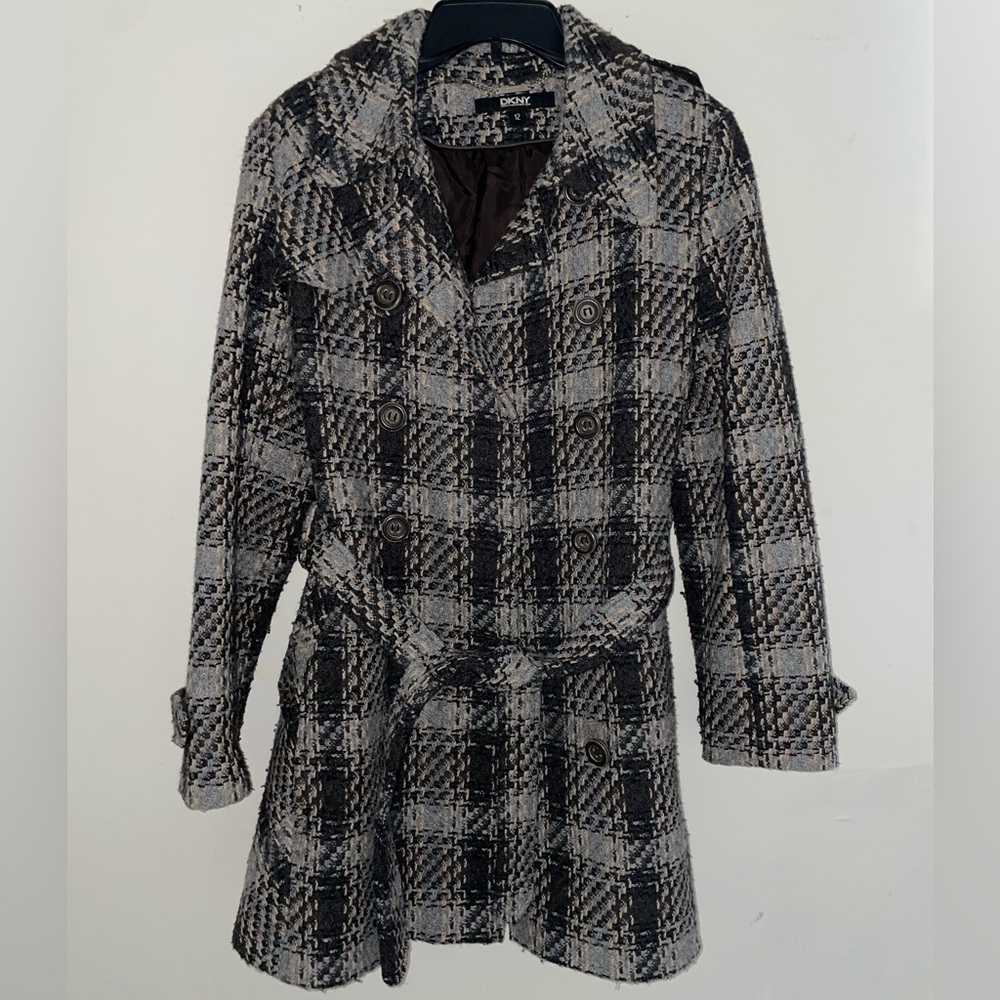 DKNY Donna Karan Tweed Tie Belt Double Breasted Coat
